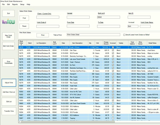VinNOW software screen capture - work order creation.
