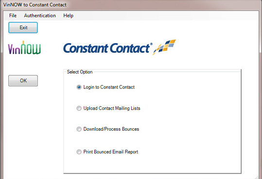 VinNOW software screen capture with link to Constant Contact.