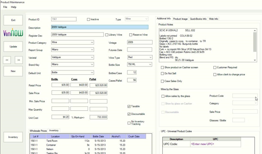 VinNOW software screen capture illustrating product pricing.