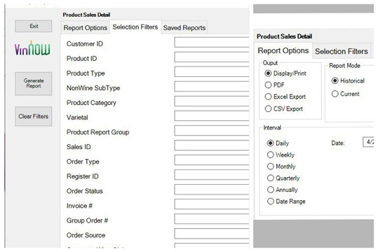 VinNOW software screen capture showing product filters.